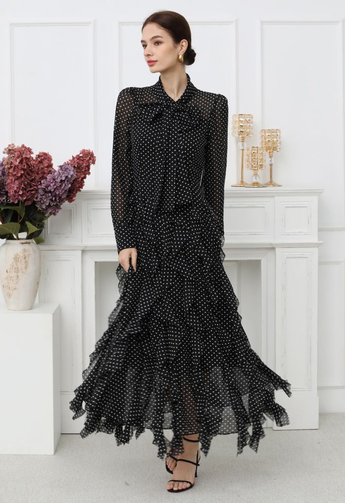 Cascade Ruffle Polka Dot Bowknot Chiffon Maxi Dress in Black