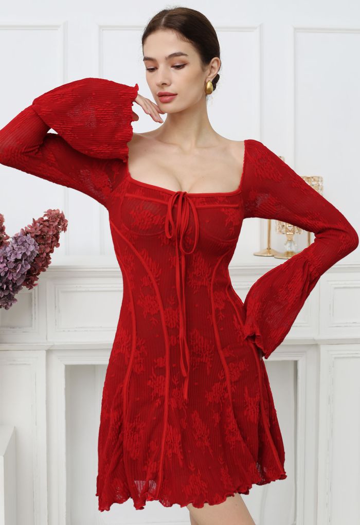 Square Neck Floral Binding Trimmed Mini Dress in Red