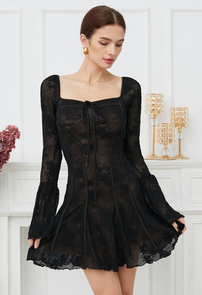 Square Neck Floral Binding Trimmed Mini Dress in Black