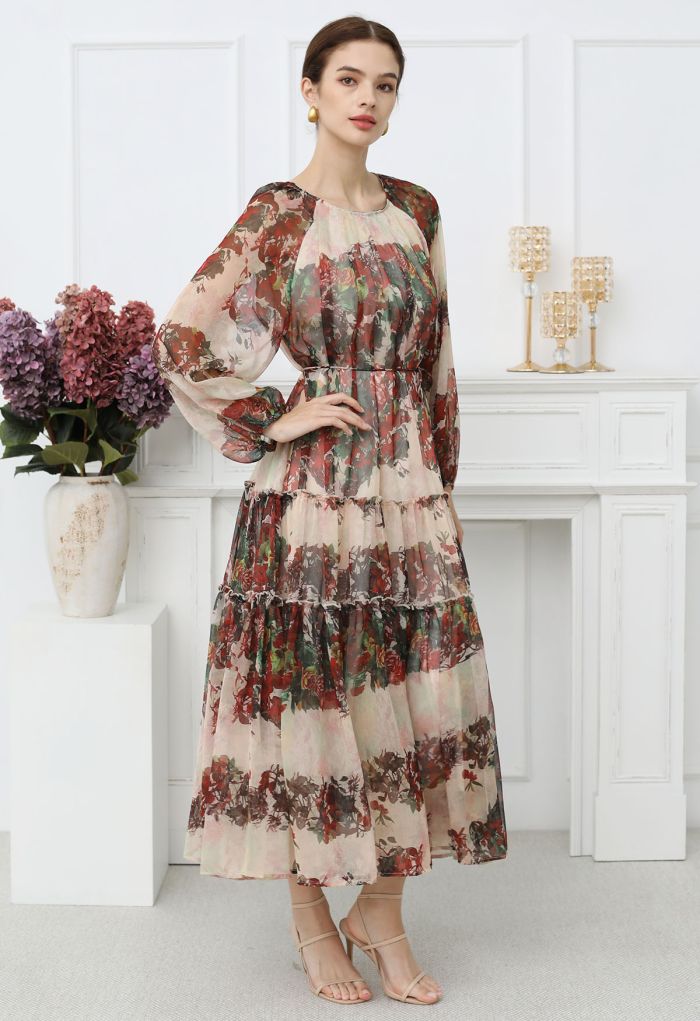 Crimson Bloom Puff Sleeve Ruffle Chiffon Maxi Dress