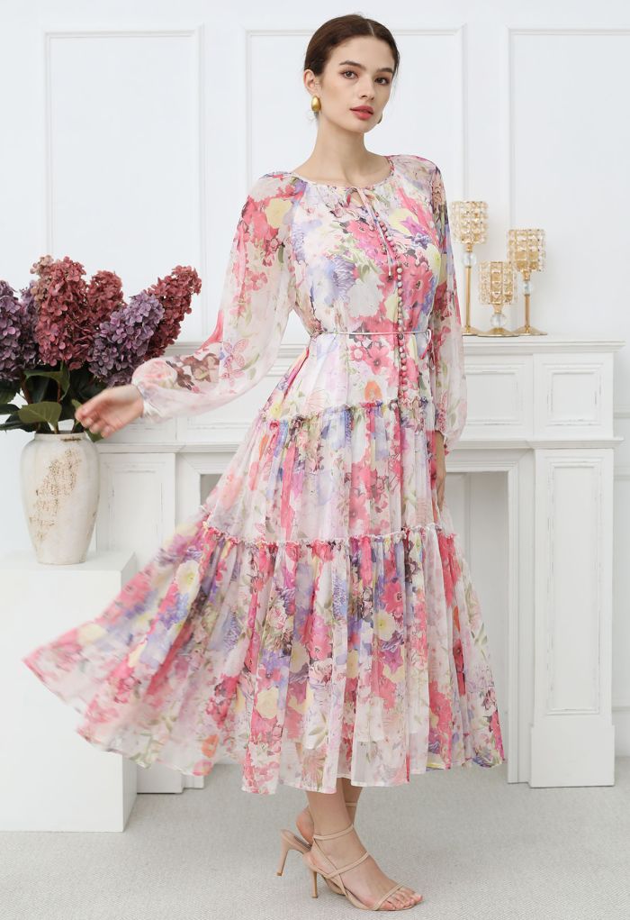 Whisper Garden Button Down Ruffle Chiffon Maxi Dress