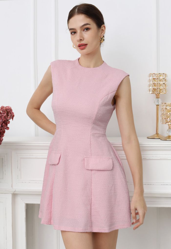 Open Back Sleeveless Tweed Mini Dress in Pink