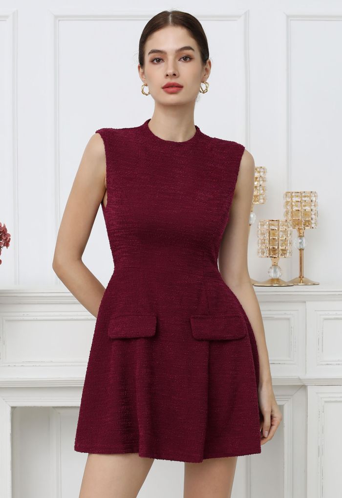 Open Back Sleeveless Tweed Mini Dress in Burgundy