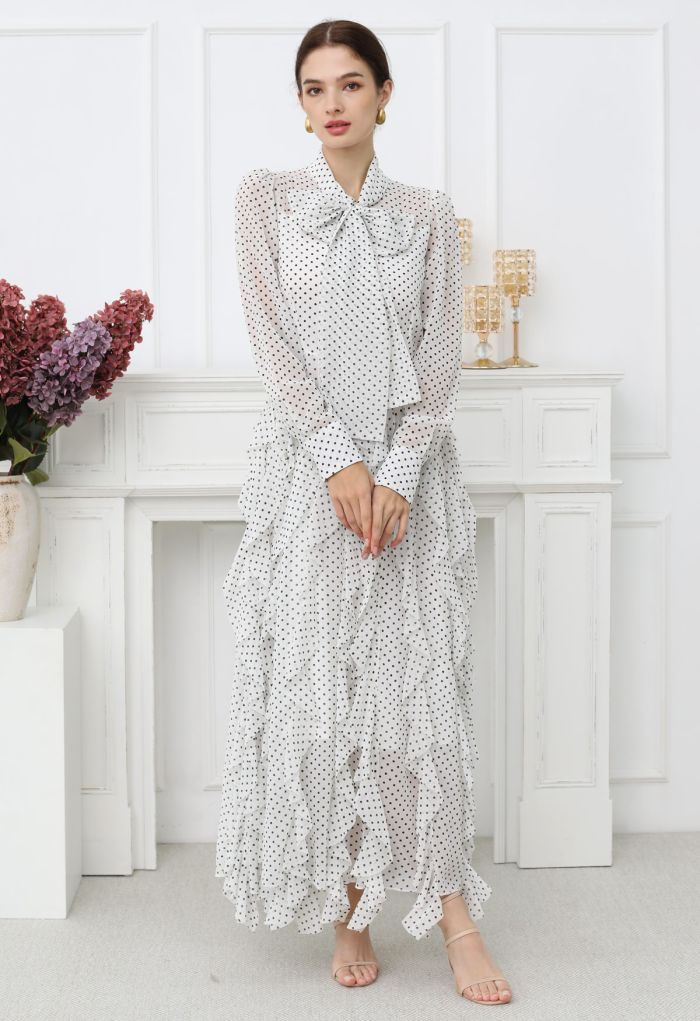 Cascade Ruffle Polka Dot Bowknot Chiffon Maxi Dress in White