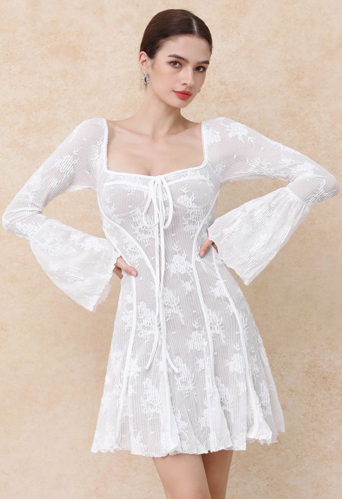 Square Neck Floral Binding Trimmed Mini Dress in White