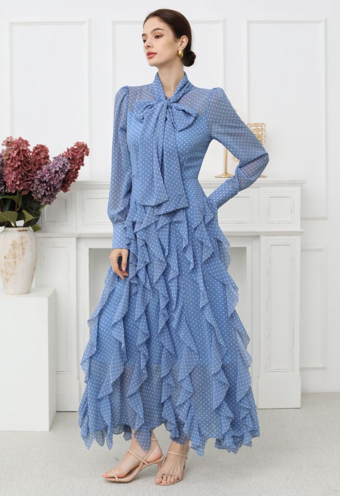 Cascade Ruffle Polka Dot Bowknot Chiffon Maxi Dress in Blue