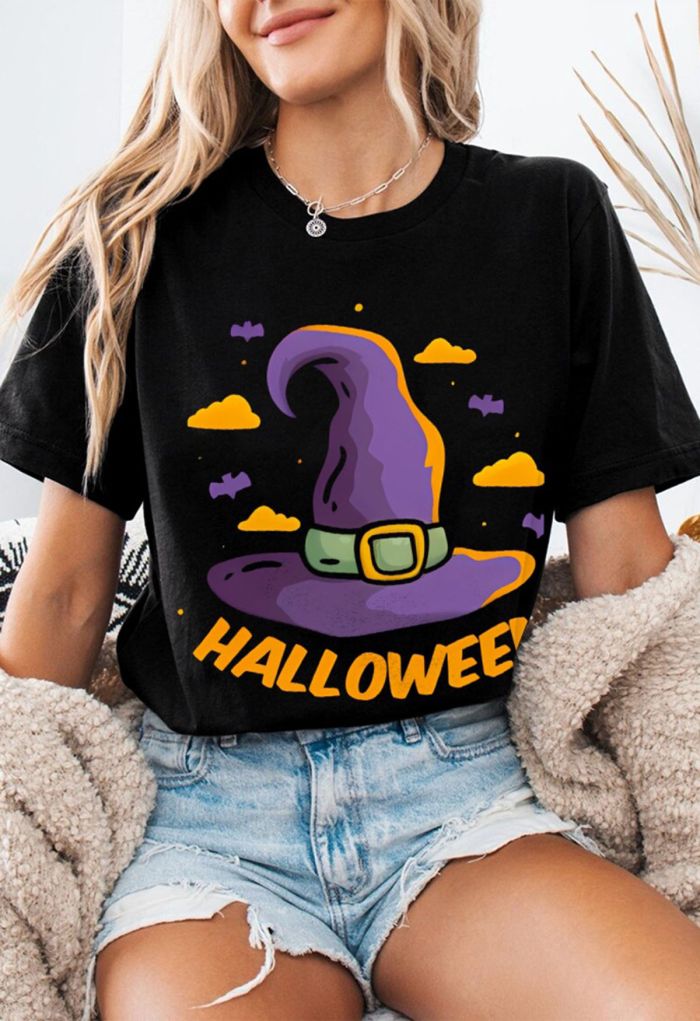 Halloween Witch Hat Pattern Cotton T-Shirt