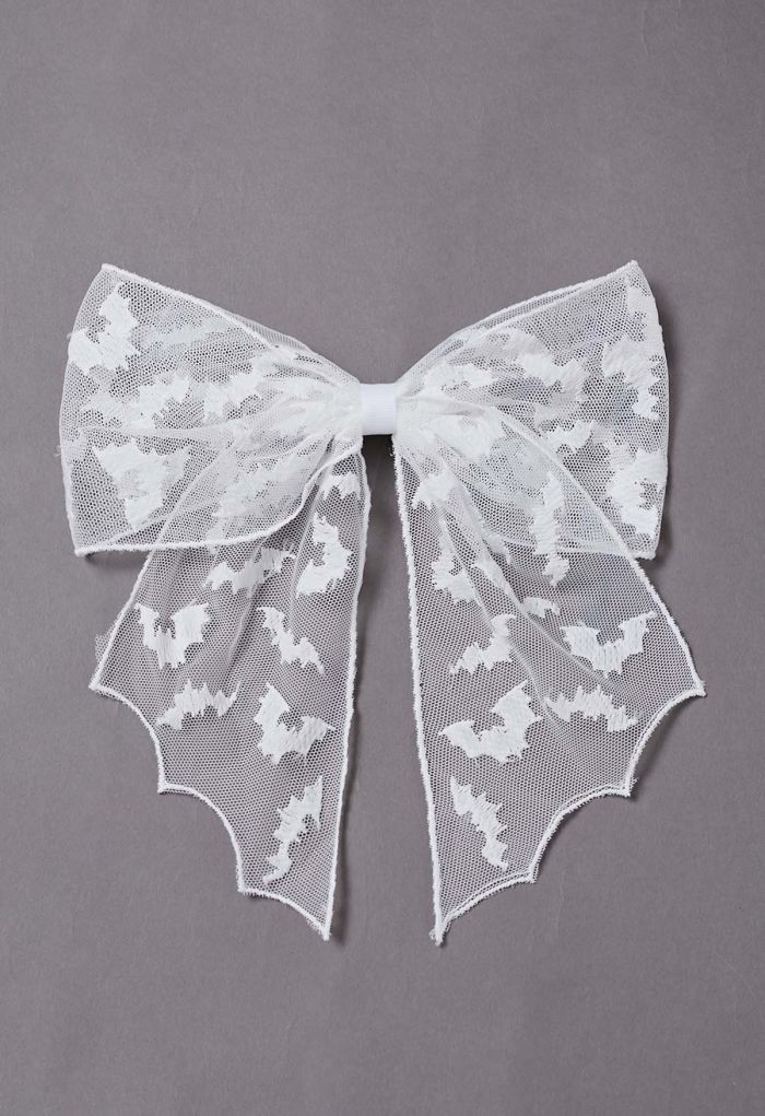 Bat Embroidered Bow Mesh Hair Barrette in White