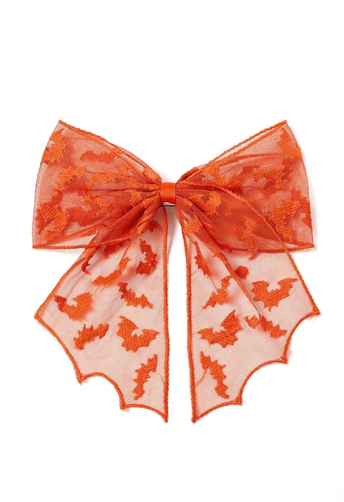 Bat Embroidered Bow Mesh Hair Barrette in Orange