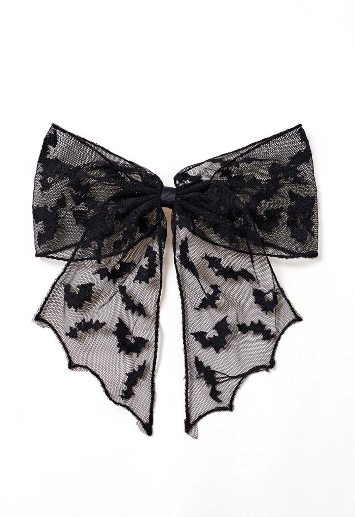 Bat Embroidered Bow Mesh Hair Barrette in Black