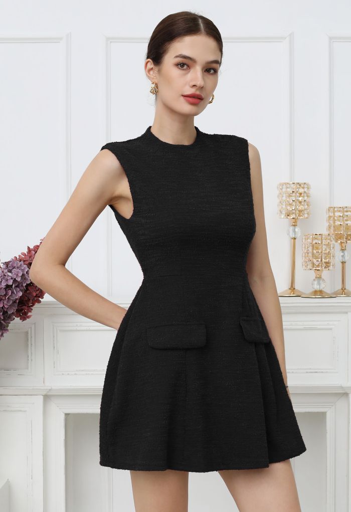 Open Back Sleeveless Tweed Mini Dress in Black