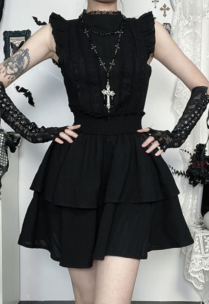 Tiered Ruffle Lace Decor Cotton Mini Dress