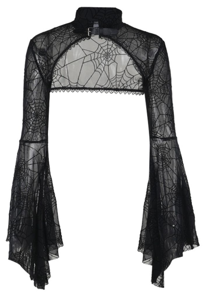Dramatic Flare Sleeve Spider Web Mesh Shrug Crop Top
