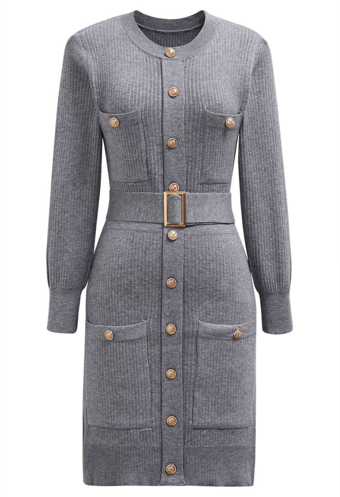 Golden Button Embellished Belted Mini Knit Dress in Grey