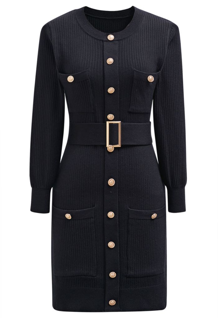 Golden Button Embellished Belted Mini Knit Dress in Black