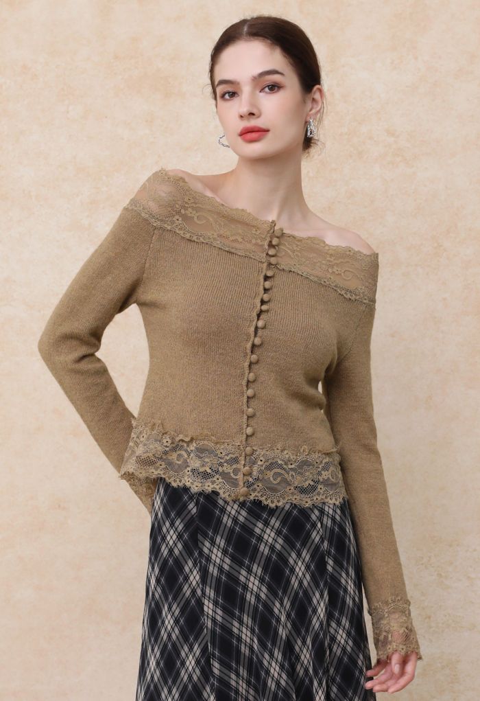 Off-Shoulder Lace Trim Button Knit Top in Tan