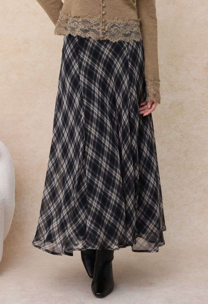 Flowy Plaid Panel Chiffon Flare Maxi Skirt in Black
