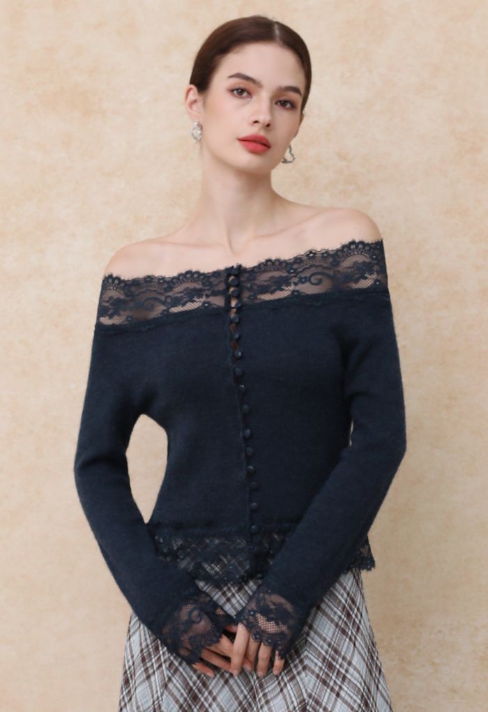 Off-Shoulder Lace Trim Button Knit Top in Navy