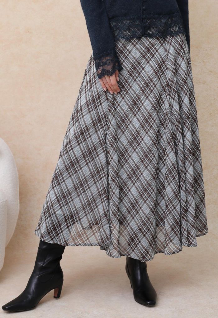 Flowy Plaid Panel Chiffon Flare Maxi Skirt in Blue