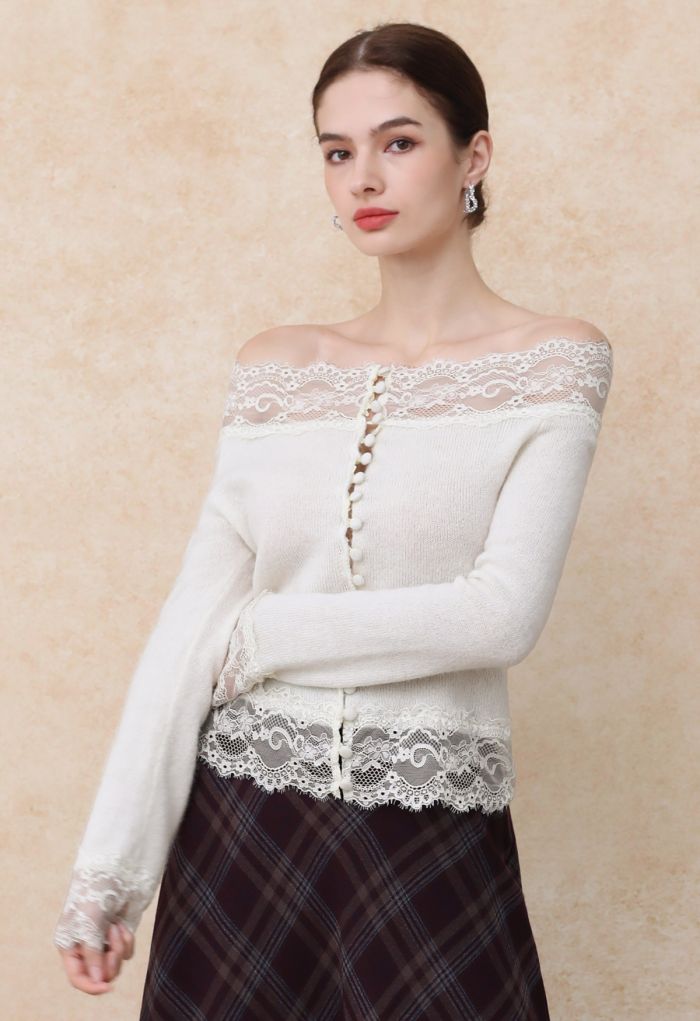 Off-Shoulder Lace Trim Button Knit Top in Cream