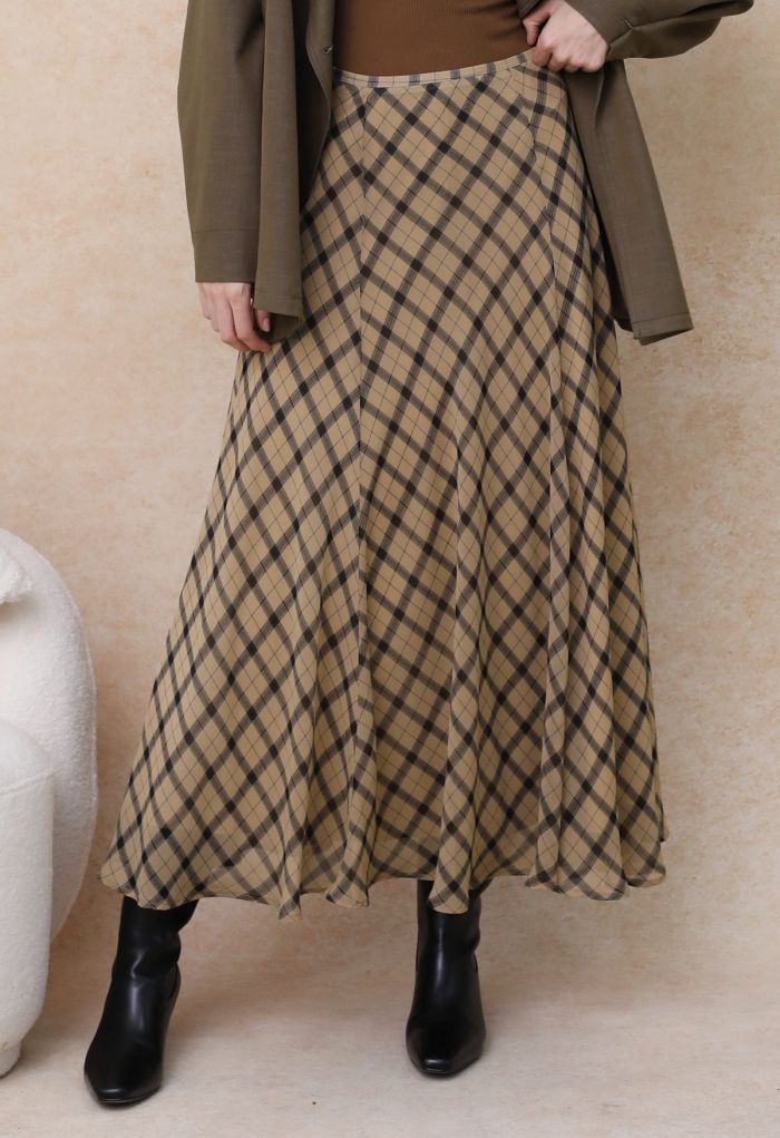 Flowy Plaid Panel Chiffon Flare Maxi Skirt in Tan