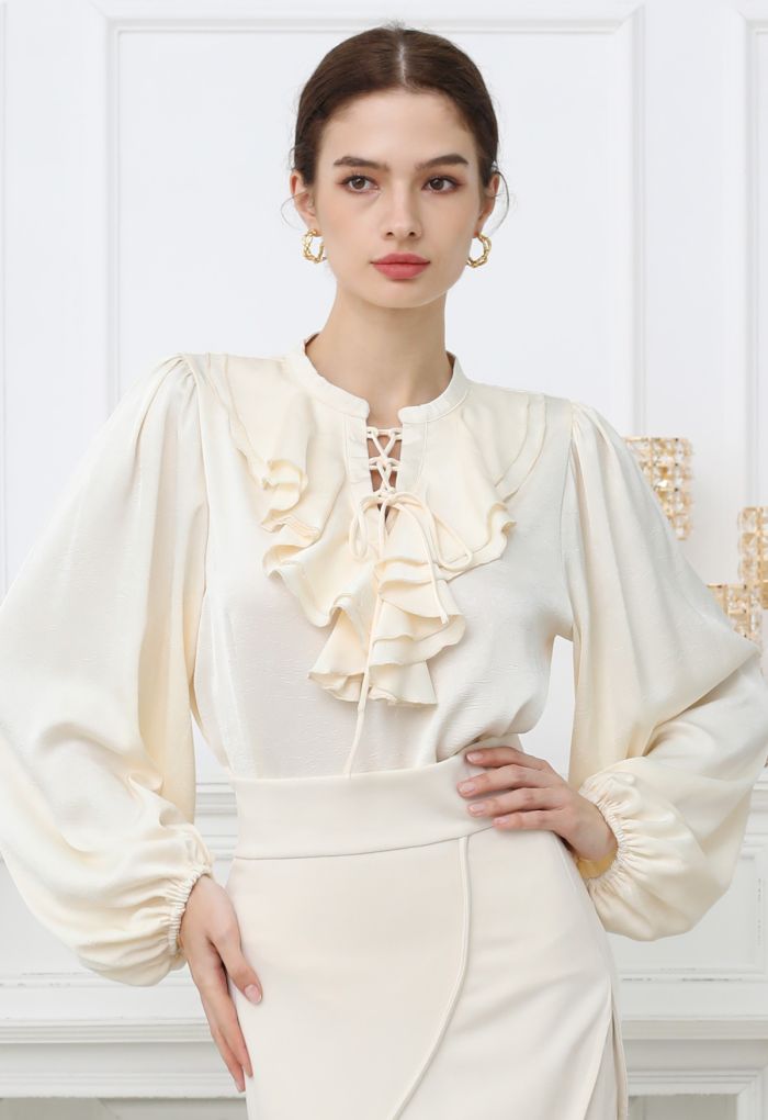 Tiered Ruffle Bubble Sleeve Textured Satin Top in Cream