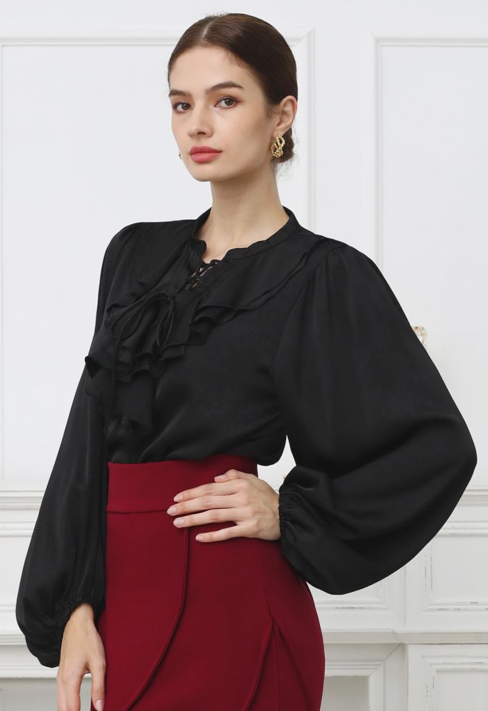 Tiered Ruffle Bubble Sleeve Textured Satin Top in Black