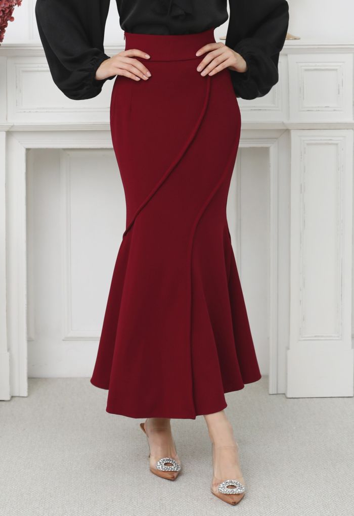 Wavy Seam Mermaid Maxi Skirt in Red