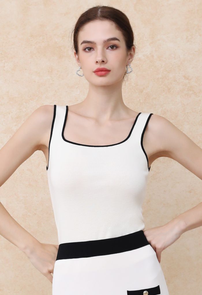 Contrast Edge Square Neck Knit Tank Top in Cream