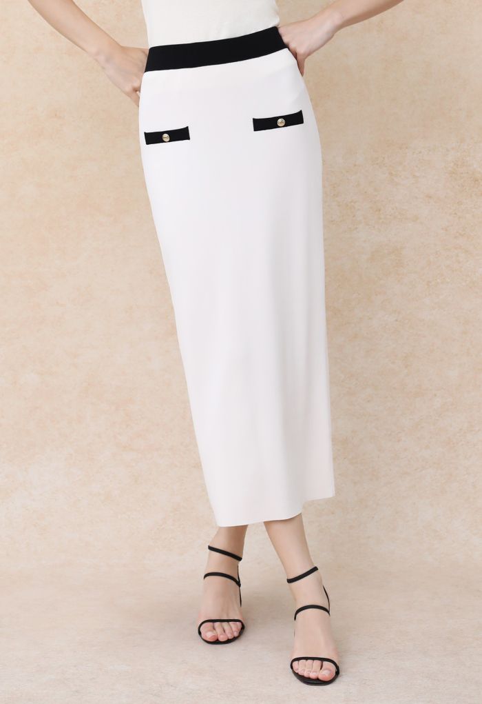 Sophisti-Sleek Contrast Knit Pencil Maxi Skirt in White