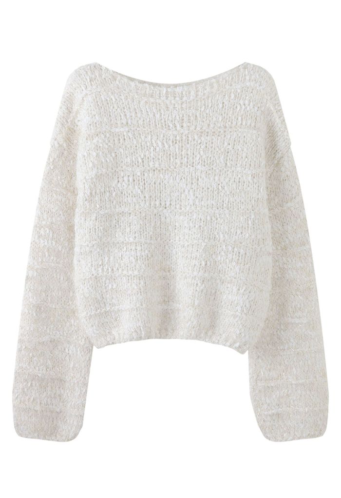 Fuzzy Metallic Thread Chunky Knit Crop Sweater in Ivory