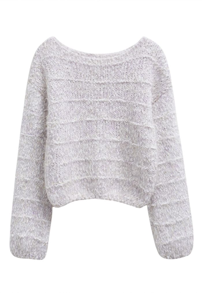 Fuzzy Metallic Thread Chunky Knit Crop Sweater in Lilac