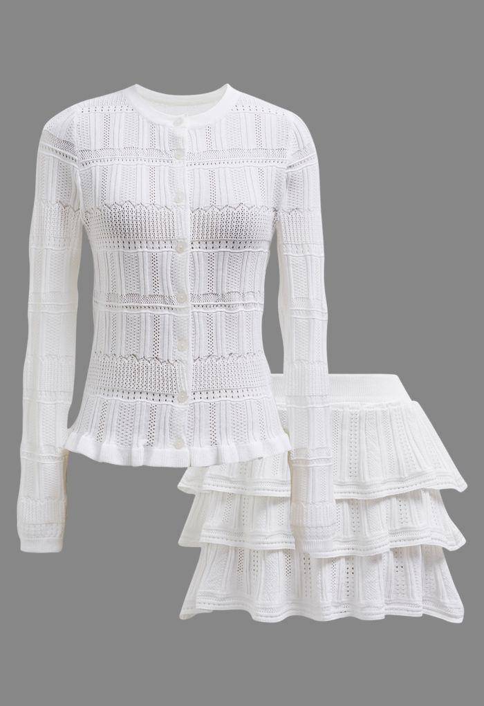 Pointelle Knit Button Top and Tiered Mini Skirt Set in White