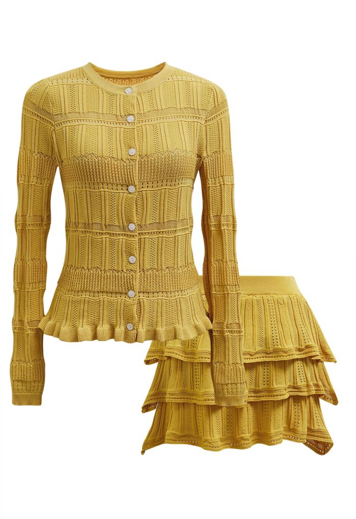Pointelle Knit Button Top and Tiered Mini Skirt Set in Mustard