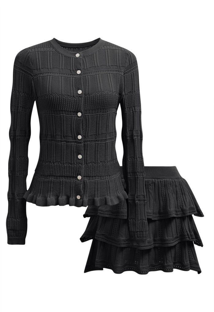 Pointelle Knit Button Top and Tiered Mini Skirt Set in Black