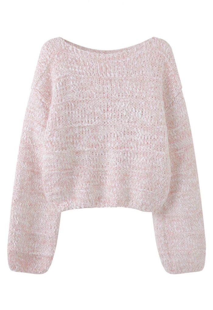 Fuzzy Metallic Thread Chunky Knit Crop Sweater in Light Pink