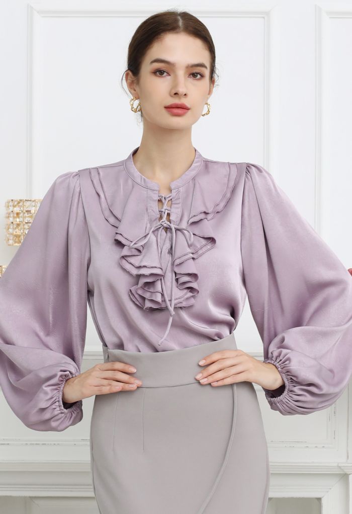 Tiered Ruffle Bubble Sleeve Textured Satin Top in Lilac