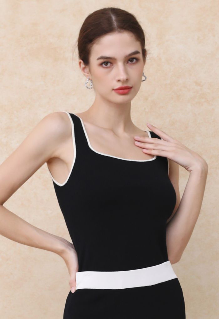 Contrast Edge Square Neck Knit Tank Top in Black