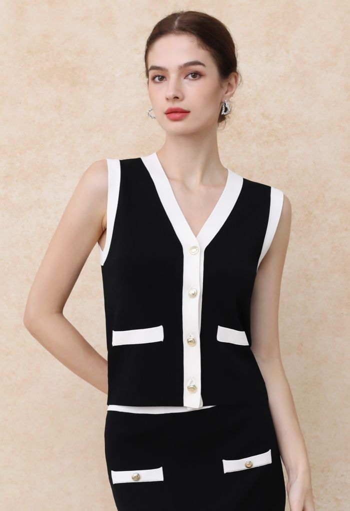 Contrast V-Neck Button Knit Vest in Black