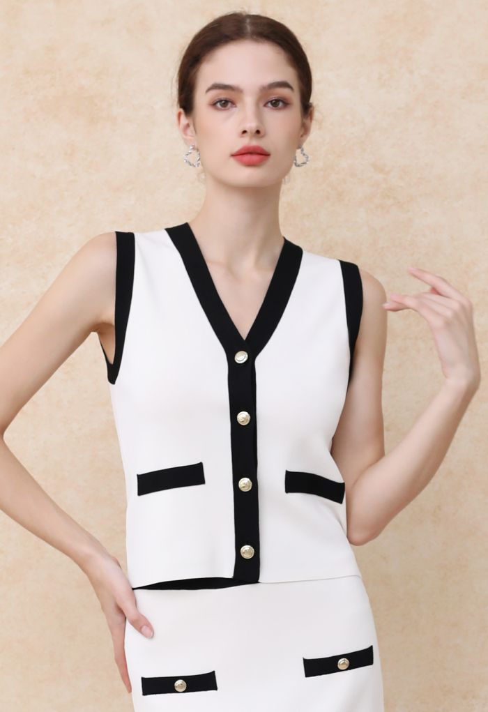 Contrast V-Neck Button Knit Vest in White