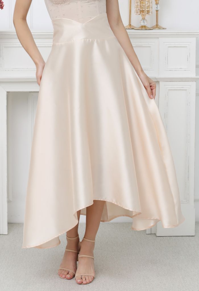 V-Cut Shaped Hi-Lo Hem Maxi Skirt in Champagne