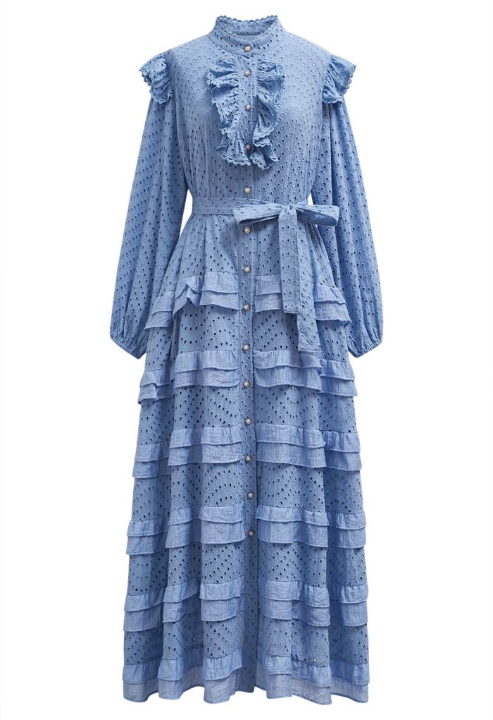 Embroidered Eyelet Tiered Ruffle Button Maxi Dress in Blue