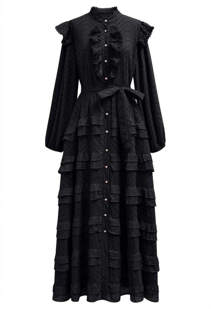 Embroidered Eyelet Tiered Ruffle Button Maxi Dress in Black