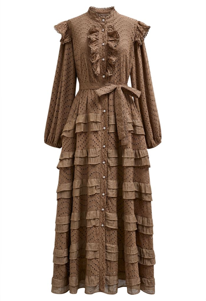 Embroidered Eyelet Tiered Ruffle Button Maxi Dress in Tan