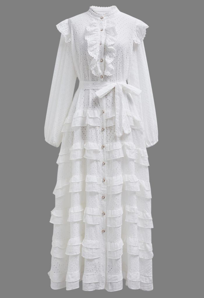 Embroidered Eyelet Tiered Ruffle Button Maxi Dress in White