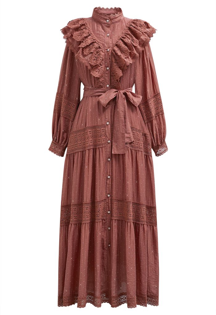 Rhinestone Decor Cutwork Panel Button Maxi Dress in Rust