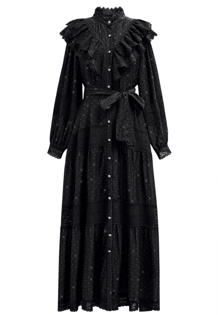 Rhinestone Decor Cutwork Panel Button Maxi Dress in Black