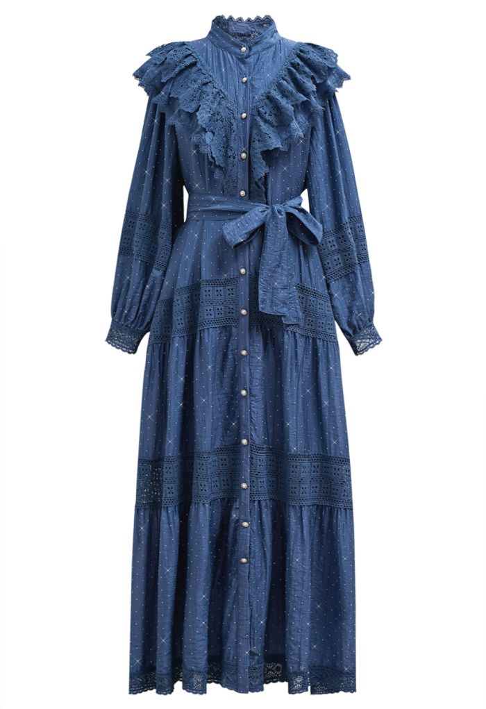 Rhinestone Decor Cutwork Panel Button Maxi Dress in Navy