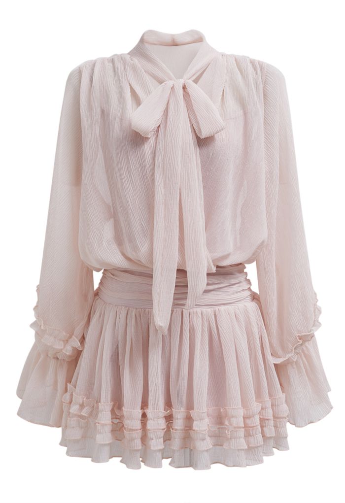 Tie-Bow Faux-Wrap Ruffle Mini Dress in Nude Pink