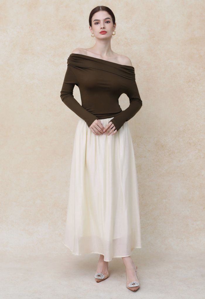 Folded Slant Shoulder Spliced Maxi Dress in Brown